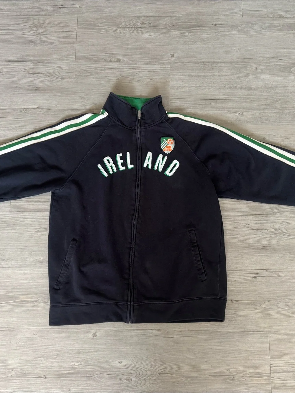 Vintage Ireland Zip-Front Black  Track Jacket with Green Trim
